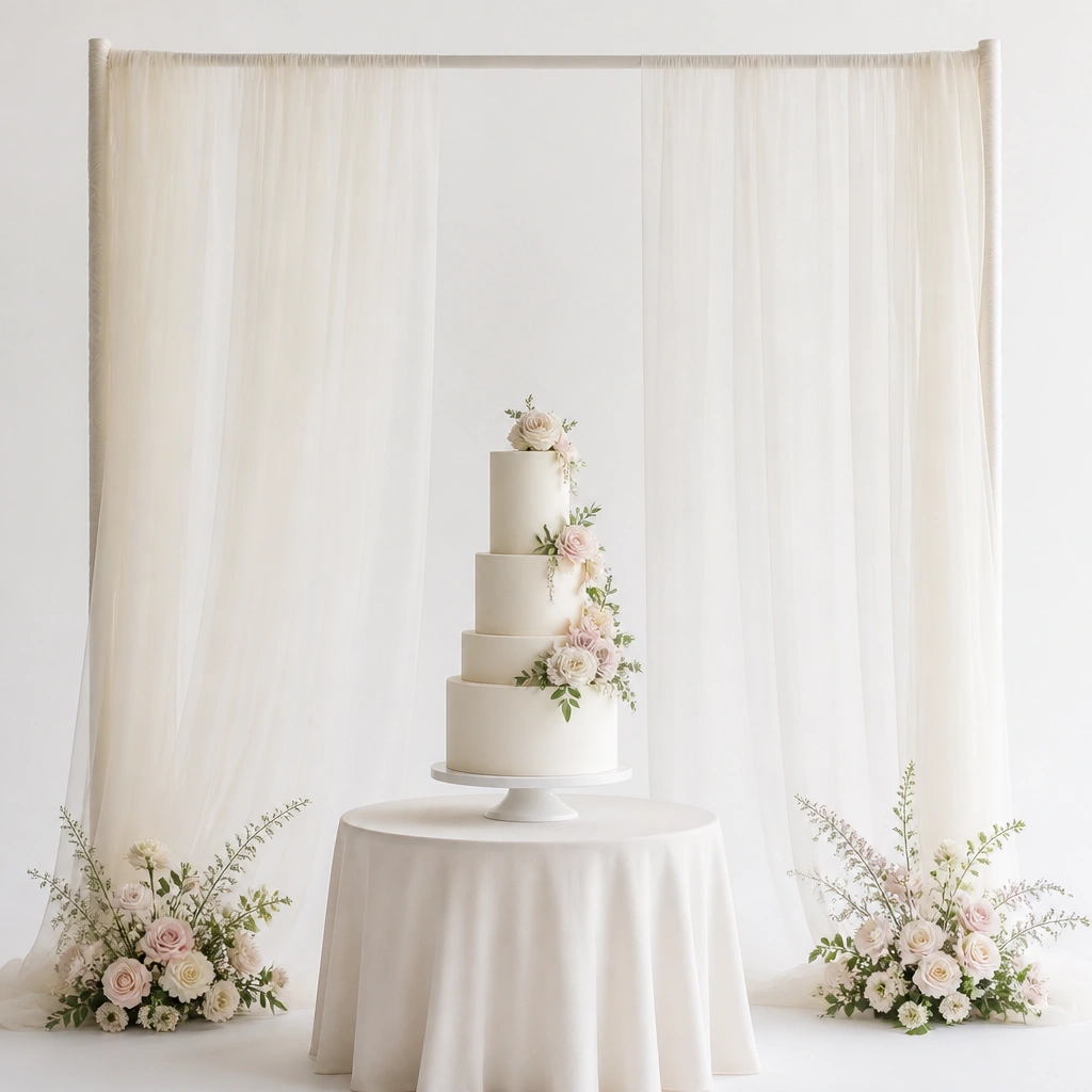 A simple white backdrop frame behind the cake with sheer ivory tulle panels hanging vertically, plus a single floral spray at the bottom corners.