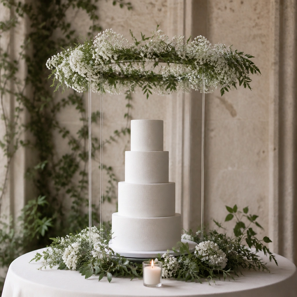 A circular floral ring suspended above the wedding cake with thin clear supports, featuring small white blossoms and greenery, with a simple candle on the table front.
