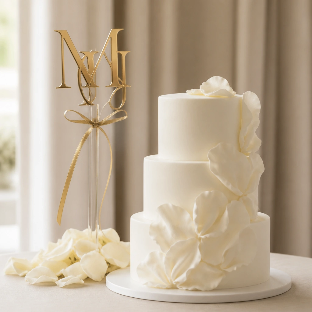 A gold monogram letter on a slim acrylic stand placed behind the cake, with a small cluster of cream rose petals at the base and a narrow metallic ribbon tied around the stand.