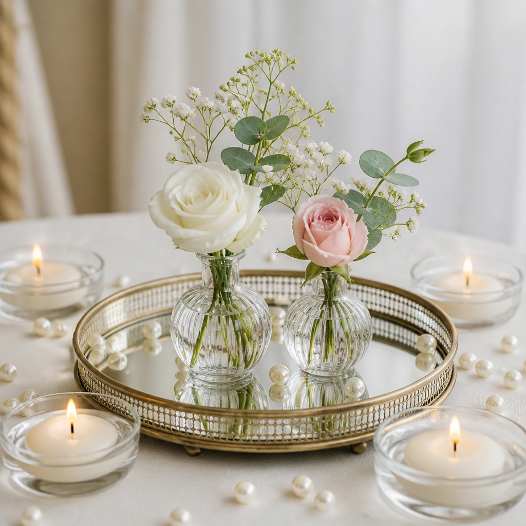 A shallow mirrored tray centered on the table with two small bud vases inside, plus a few floating candles around the base and scattered pearl beads.