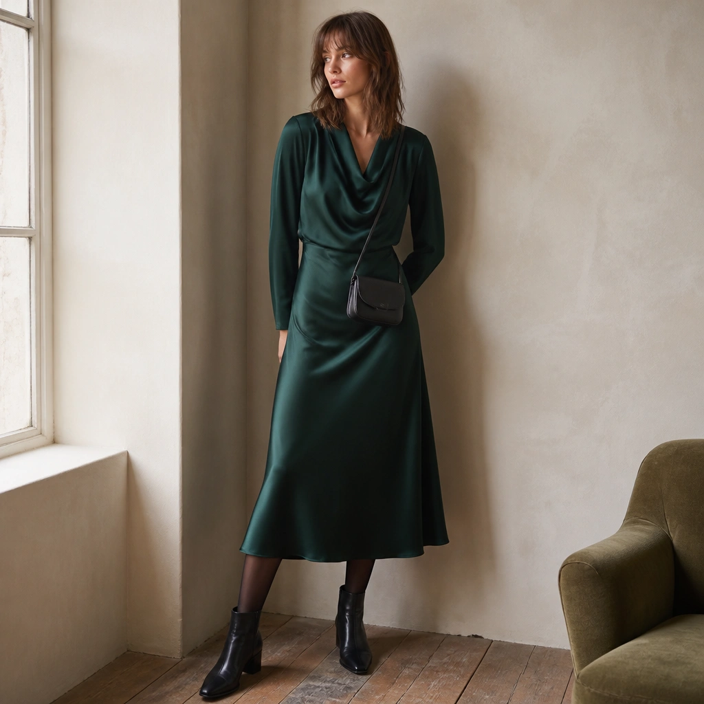 A model wearing a deep emerald cowl-neck midi dress with a subtle sheen, paired with black leather ankle boots and sheer black tights; a small crossbody bag sits at the waist.
