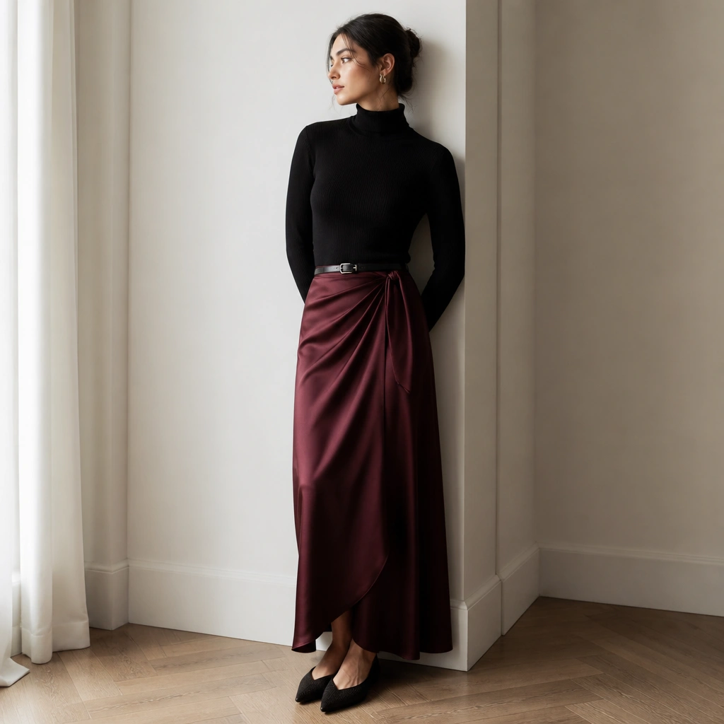 A satin-feel wrap skirt in wine color worn with a fitted black turtleneck sweater; the outfit is styled with a slim belt and dark pointed-toe flats.