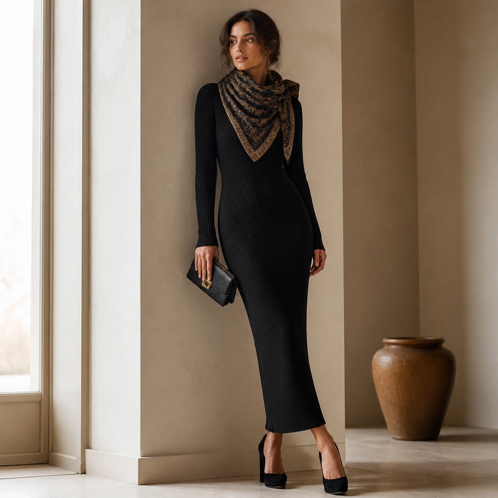 A fitted knit column dress in black with a thick texture, styled with a large patterned scarf worn like a scarf collar; chunky heels and a compact clutch are shown.
