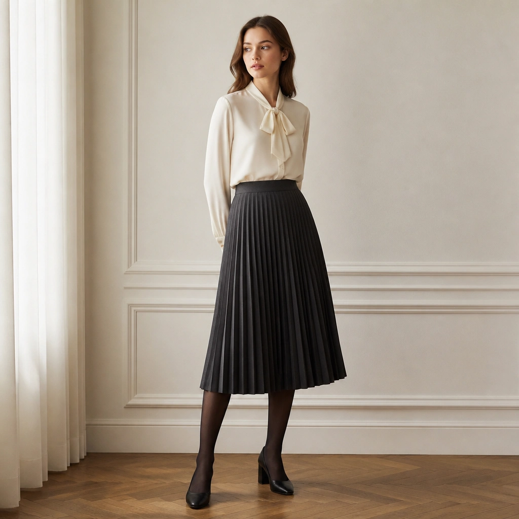 A charcoal pleated midi skirt paired with a cream blouse featuring a small bow at the collar; sheer black tights and black block-heel pumps.
