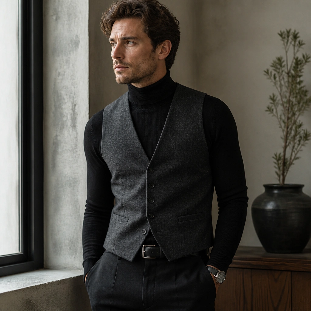 A men’s outfit featuring a charcoal wool-blend suit vest over a fitted black turtleneck; dark trousers and a watch are visible, with a sleek leather belt.