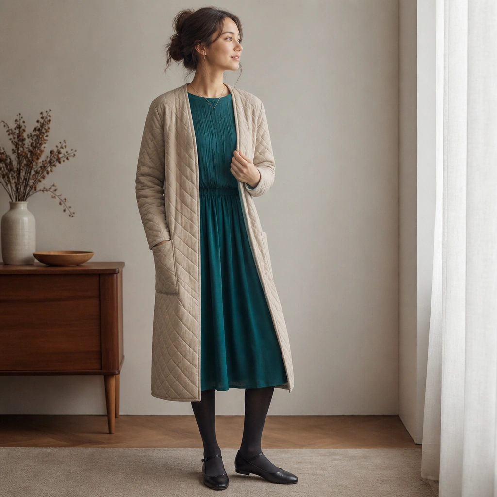 A long cardigan with a quilted pattern worn over a teal midi dress; the styling includes dark tights and simple ankle strap flats.