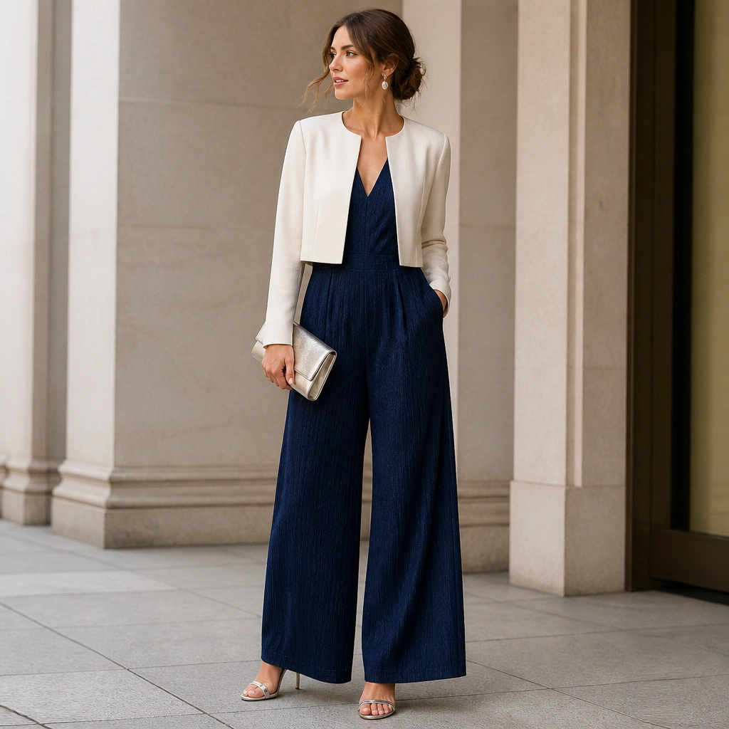 A textured dark navy jumpsuit with a wide-leg cut, paired with a cropped cream jacket; metallic clutch and heeled sandals are shown.