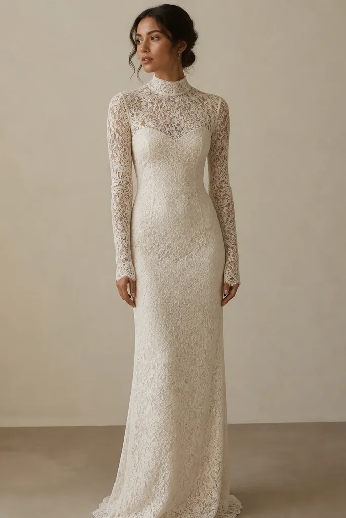 A floor-length cream lace column dress with a high neckline and fitted long sleeves, photographed against a soft neutral background. The lace pattern is dense at the bodice and transitions into a smooth, column-like skirt.