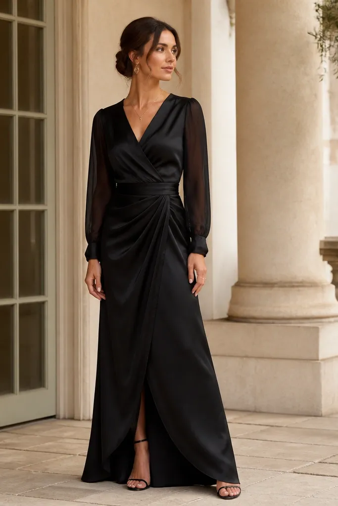 A black satin wrap-front wedding guest gown with a V-shaped wrap neckline and long sheer sleeves. The satin bodice catches light, and the skirt drapes in soft folds.