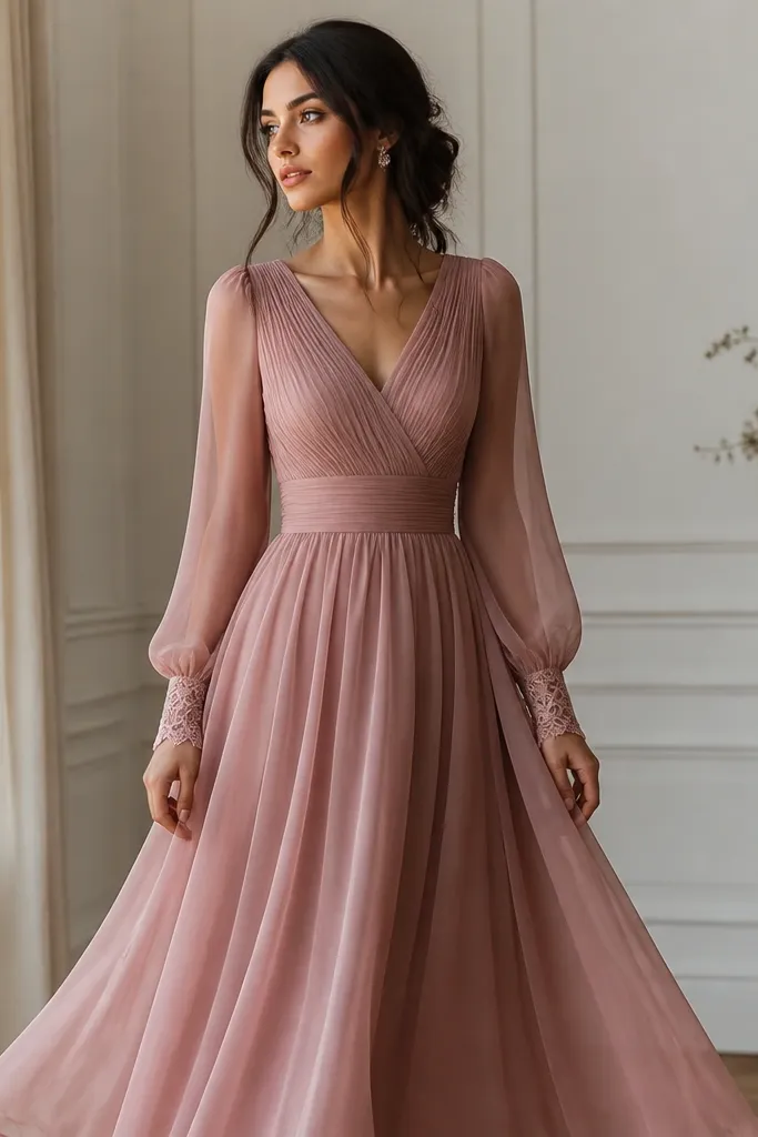 A dusty rose chiffon A-line dress with long sleeves that taper at the wrist, featuring lace cuffs. The skirt has gentle volume and a soft, airy texture.