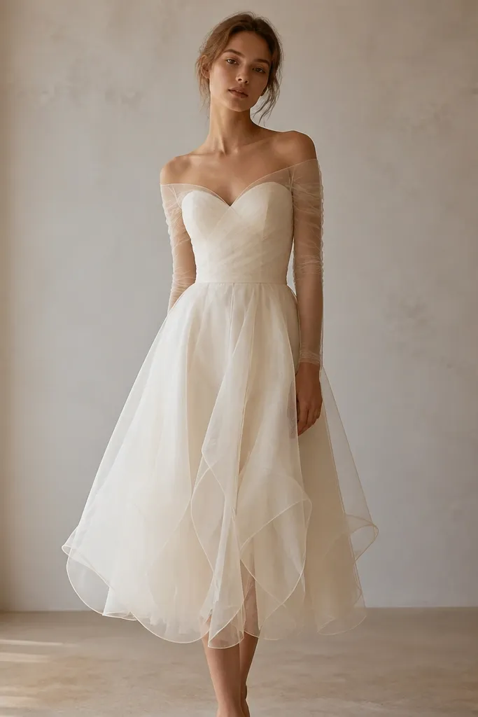 An ivory organza midi dress with a subtle off-shoulder illusion effect and long sleeves. The fabric looks translucent with layered organza texture around the skirt.