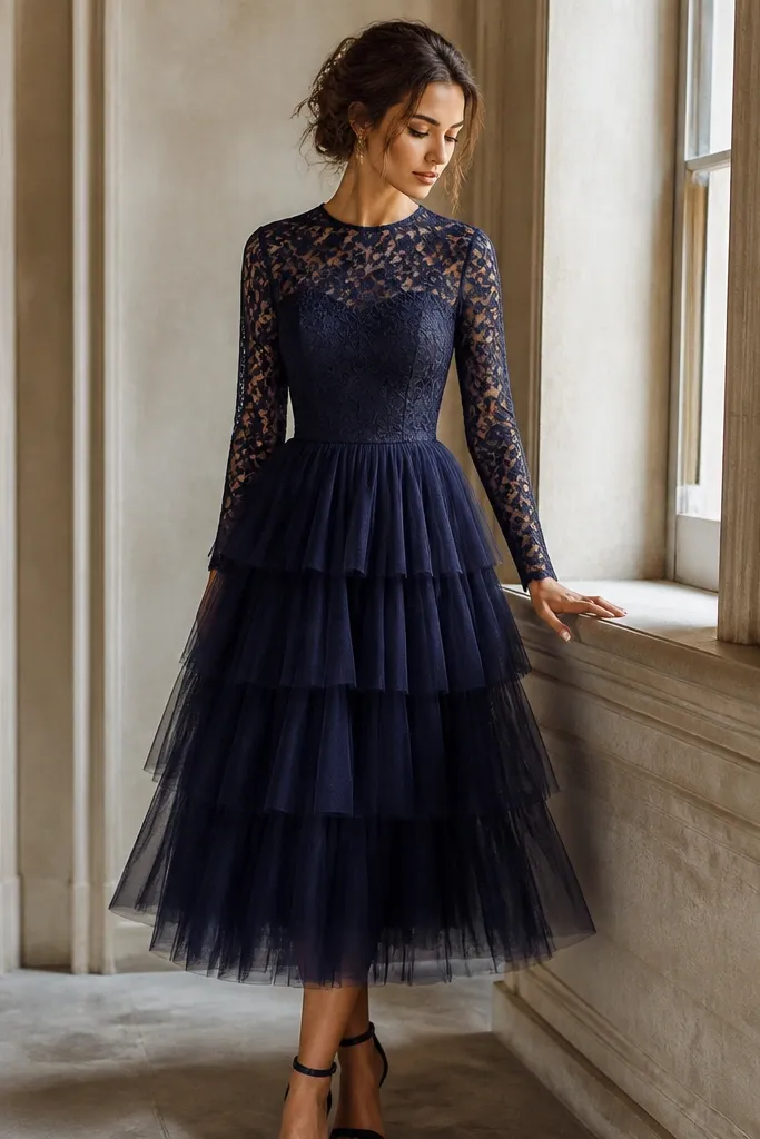 A navy midi dress with a long sleeve lace bodice and a layered tulle skirt. The bodice is patterned lace, and the skirt has visible tiered texture.