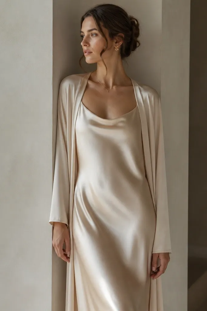 A champagne satin slip-style dress with a long sleeve overlay layer. The satin has a luminous sheen, and the neckline is elegant and simple.
