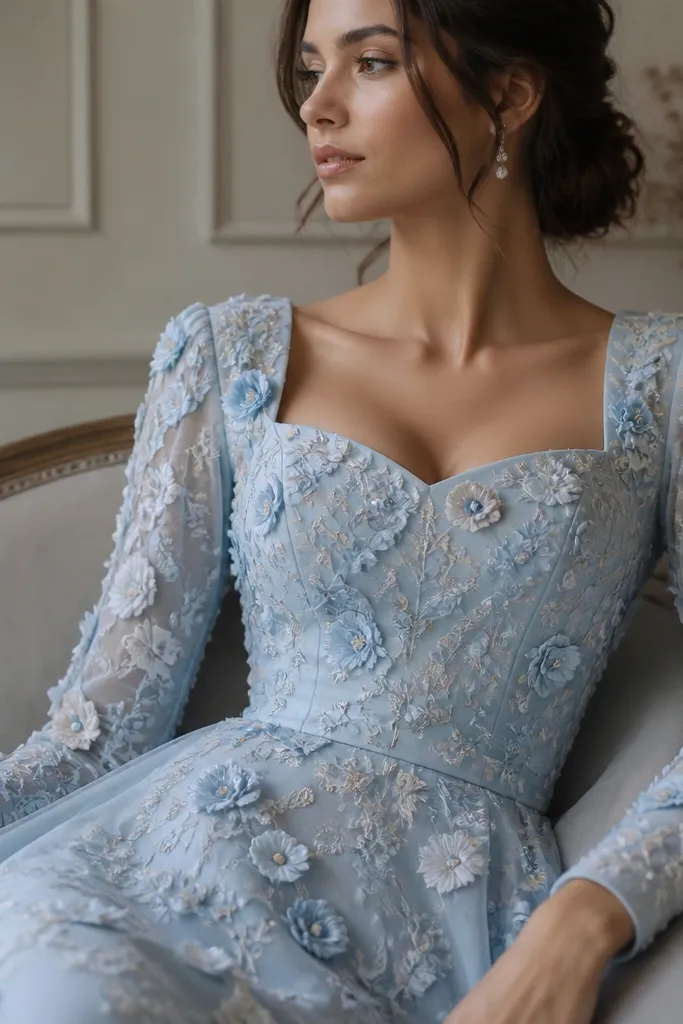 A powder blue gown covered with floral embroidery, with long sleeves and a structured neckline. The embroidery is raised and detailed across the bodice and sleeves.