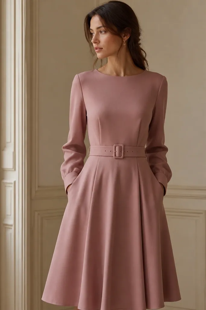 A rose taupe crepe dress with a defined waist belt, long sleeves, and a gently flared skirt. The fabric looks smooth and tailored with a matte finish.