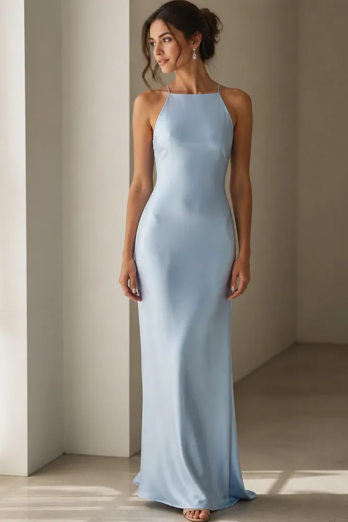 A floor-length powder-blue satin column dress with a modest, soft high neckline and slim straps, styled with silver drop earrings and nude heels.