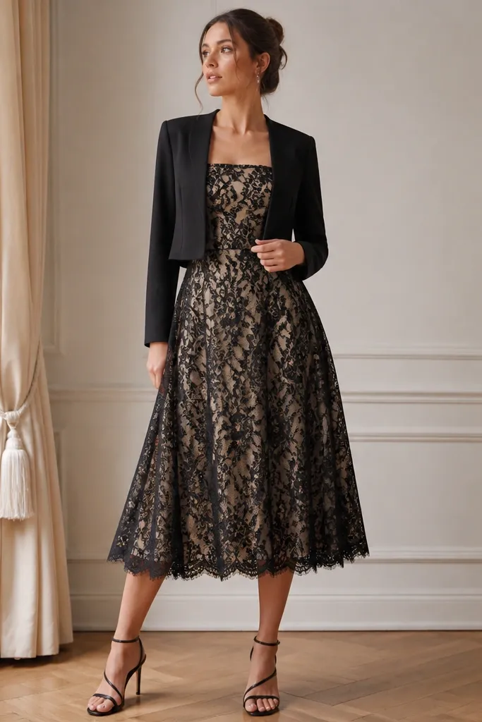 A black lace midi dress with a fitted bodice and A-line skirt, showing champagne lining underneath, paired with a short tailored jacket and strappy heels.