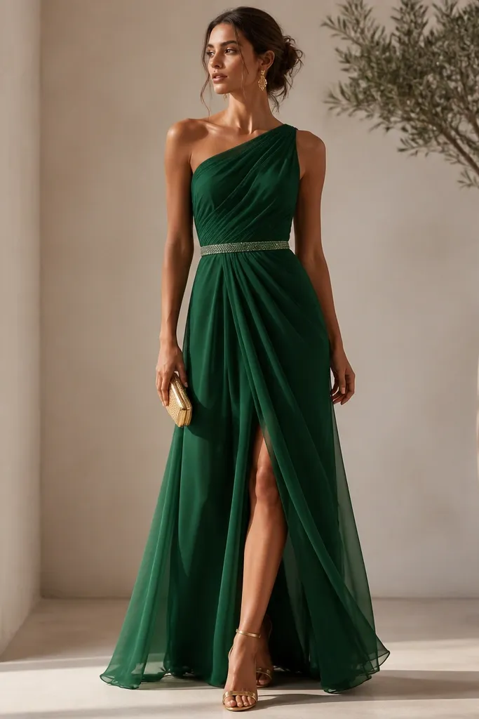 An emerald green one-shoulder chiffon gown with a draped skirt and a subtle sparkle waistband, styled with gold heels and a clutch.