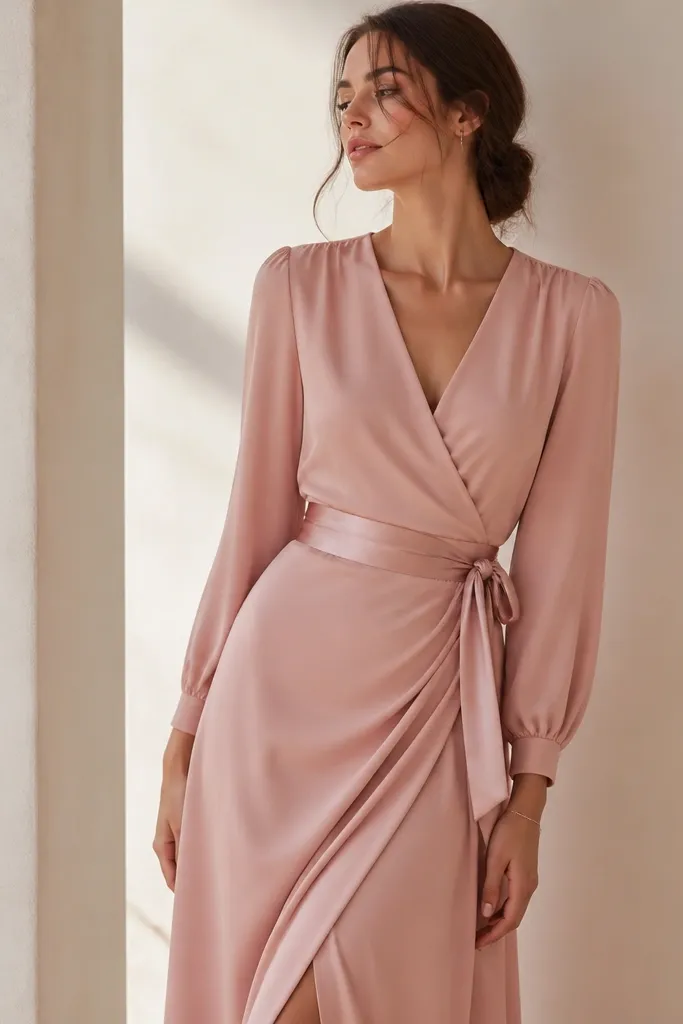 A blush rose crepe wrap gown with long sleeves, a V-neck, and a tie waist, styled with a satin belt and minimal jewelry.