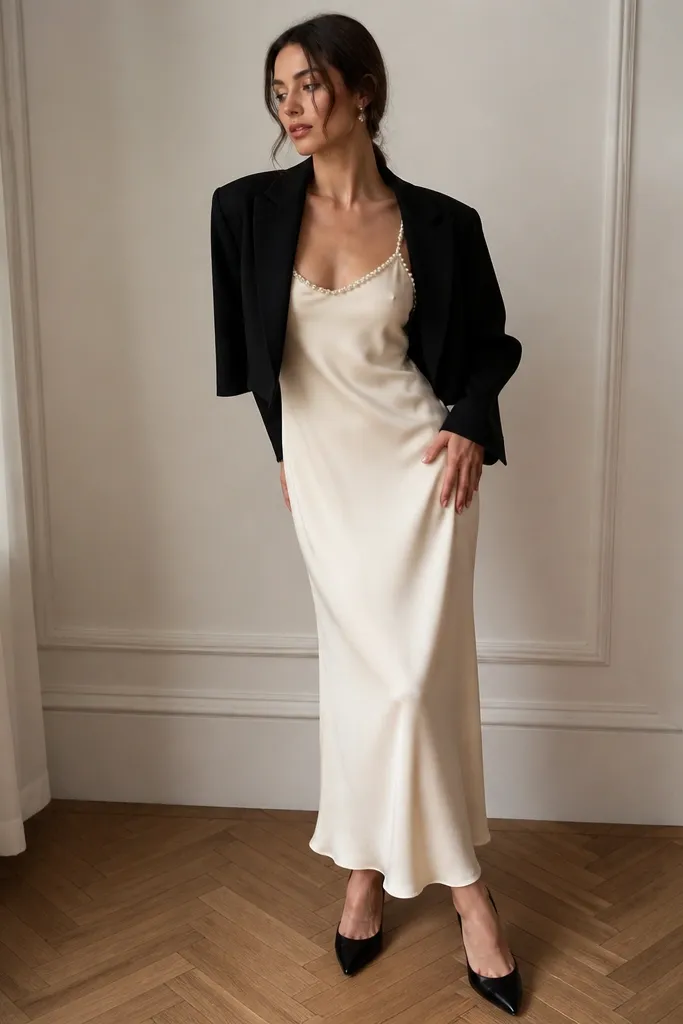 An ivory slip dress with delicate pearl embellishment along the straps and neckline, layered under a cropped black blazer, with sleek pointed-toe heels.