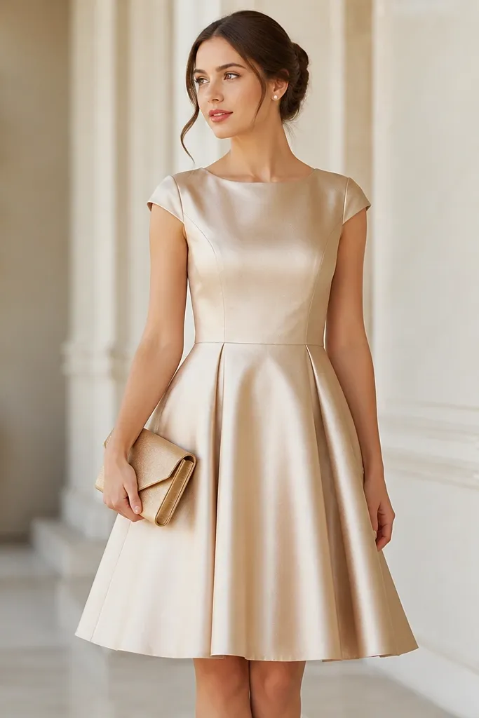 A champagne metallic fit-and-flare dress with cap sleeves and a flared skirt, styled with a soft gold clutch and pearl studs.