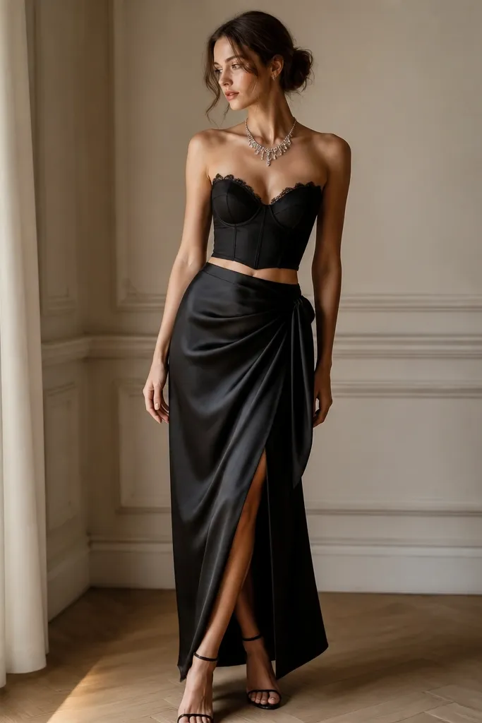 A two-piece look: a black satin wrap skirt paired with a structured bodice top featuring lace trim, styled with a statement necklace and strappy heels.
