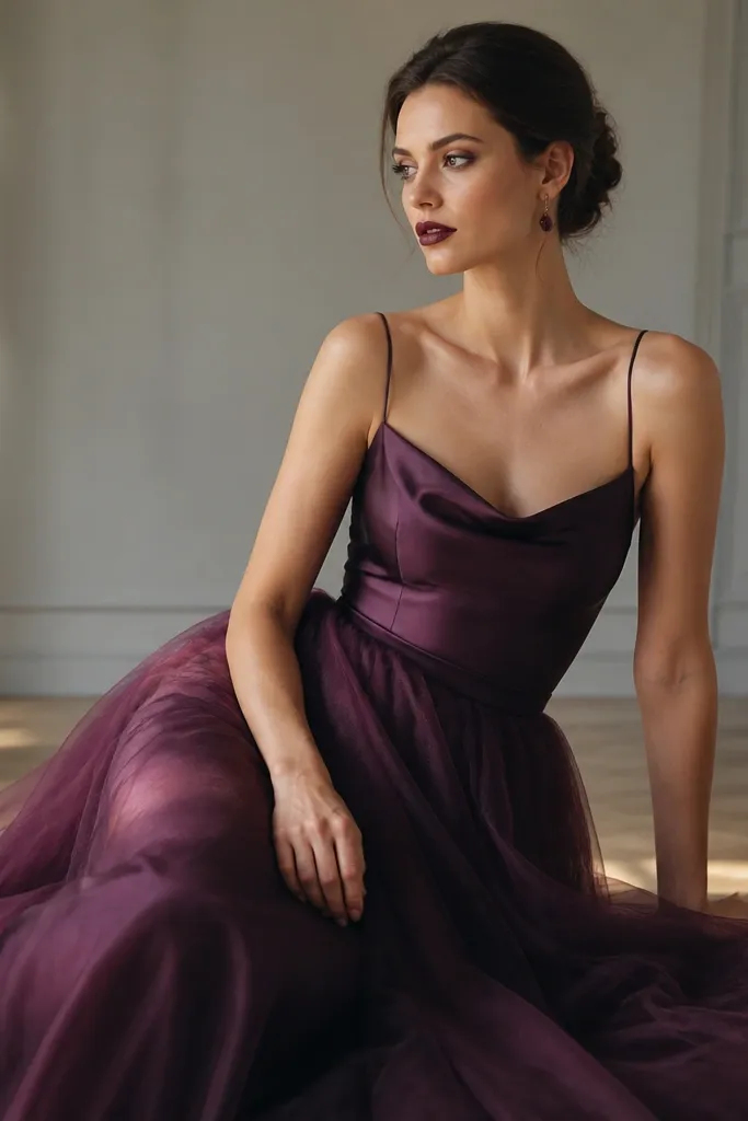 A plum gown with a smooth satin under-slip and a tulle overlay at the skirt, styled with a sleek updo and dark berry lipstick.