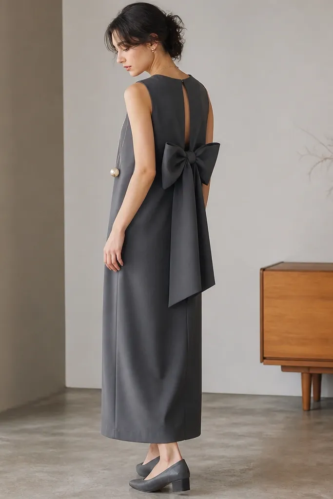 A slate gray crepe dress with a minimal front and a large bow detail at the back, styled with a long pendant necklace and low block heels.