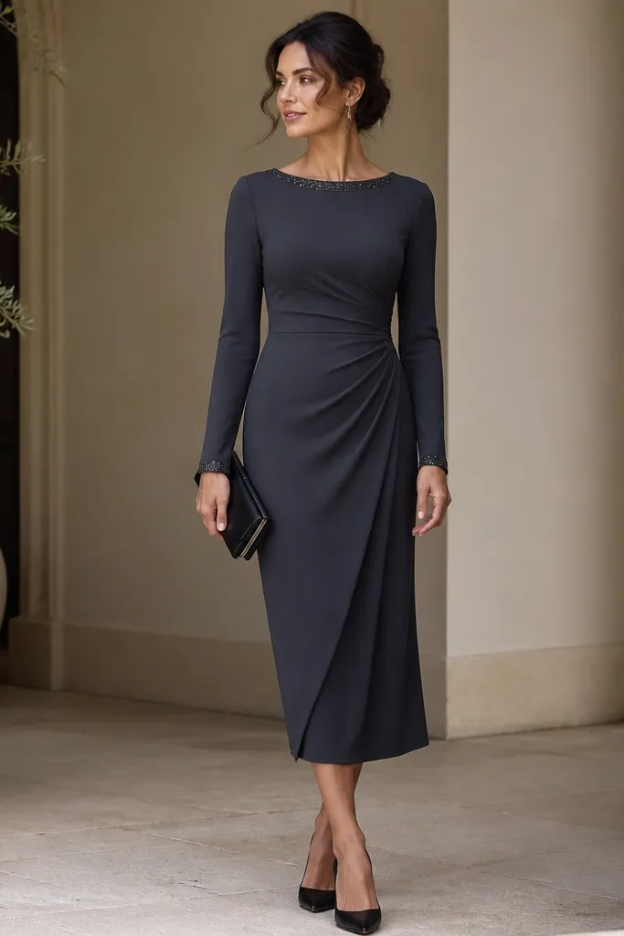 A charcoal long-sleeve dress with subtle sequin edging at the neckline and cuffs, paired with a simple clutch and black heels.