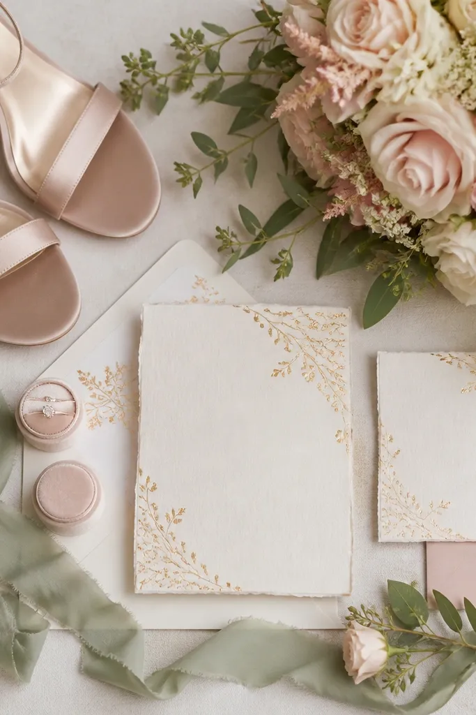 A styled wedding flat-lay showing blush satin heels, a sage chiffon ribbon, a blush-and-cream bouquet with small roses, and a gold-foil invitation suite on textured ivory paper.