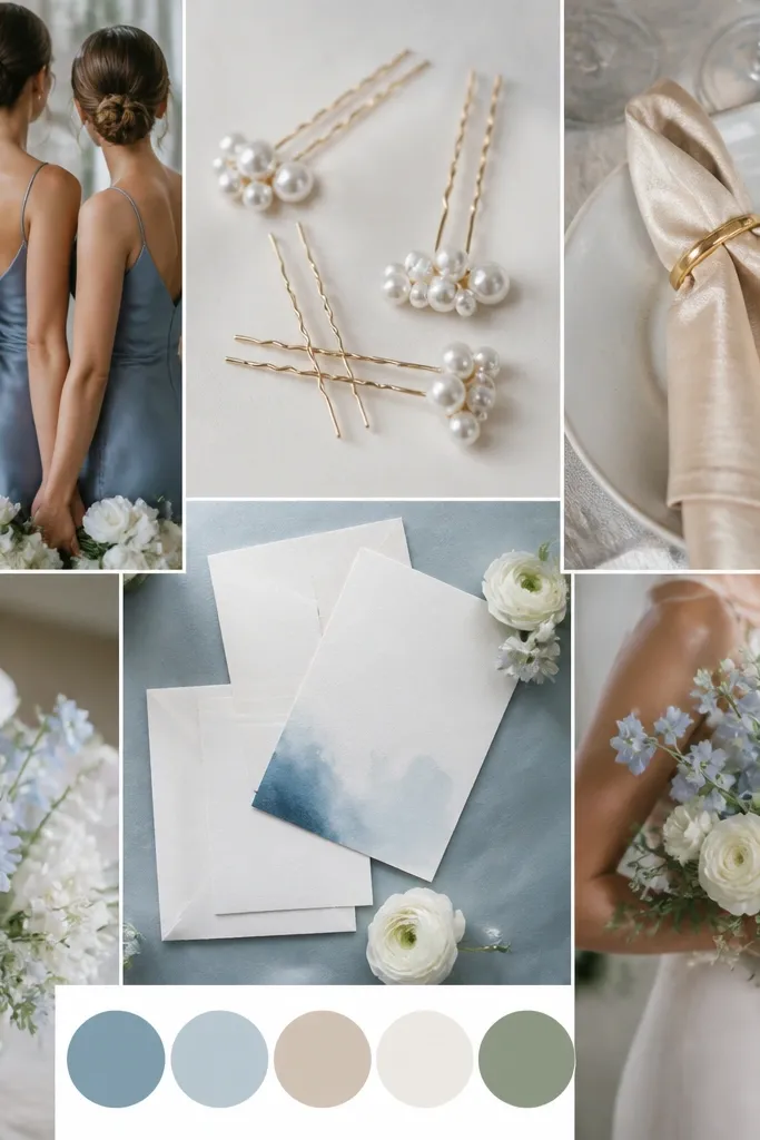 A wedding color board featuring dusty blue satin bridesmaid dresses, pearl-studded hair pins, champagne-colored napkins, and a minimalist invitation with blue ink.