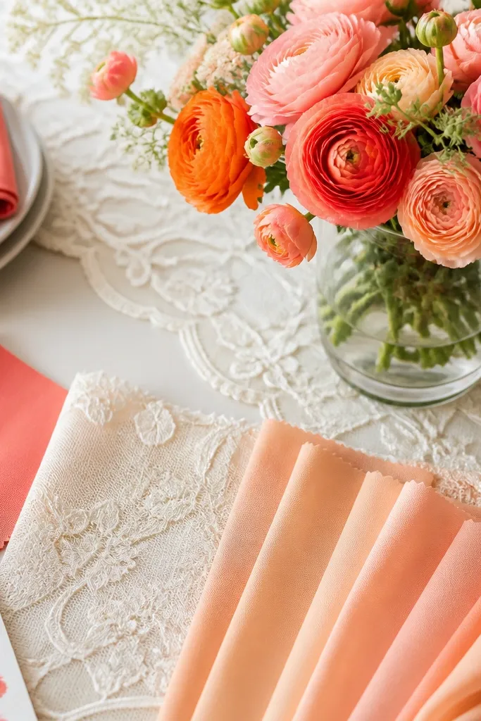 A bright spring palette layout with coral napkins, apricot bridesmaid dress swatches, a cream lace table runner, and orange-pink ranunculus flowers in a glass vase.