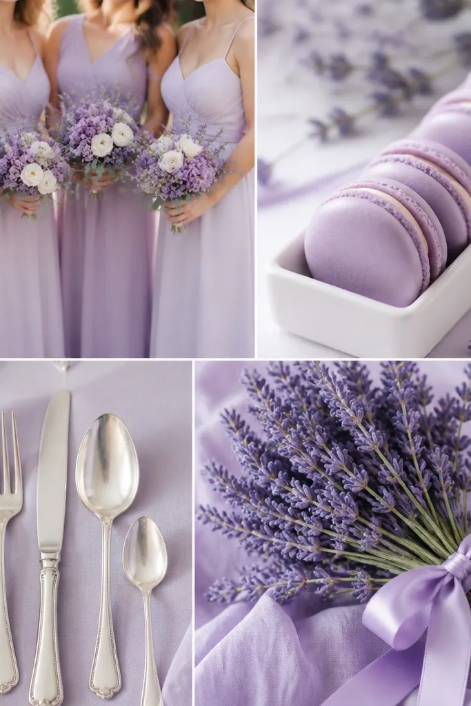 A pastel-lavender wedding board showing lilac bridesmaid dresses, lavender macarons in a row, silver cutlery, and a bouquet of lavender blooms tied with satin ribbon.