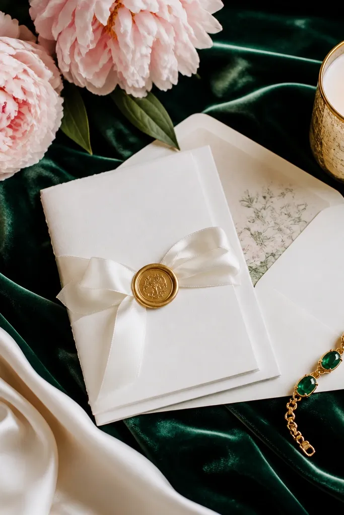 A luxe editorial flat-lay with emerald velvet fabric, white satin invitations, blush pink peonies, and a gold-rim candle next to a green gemstone bracelet.
