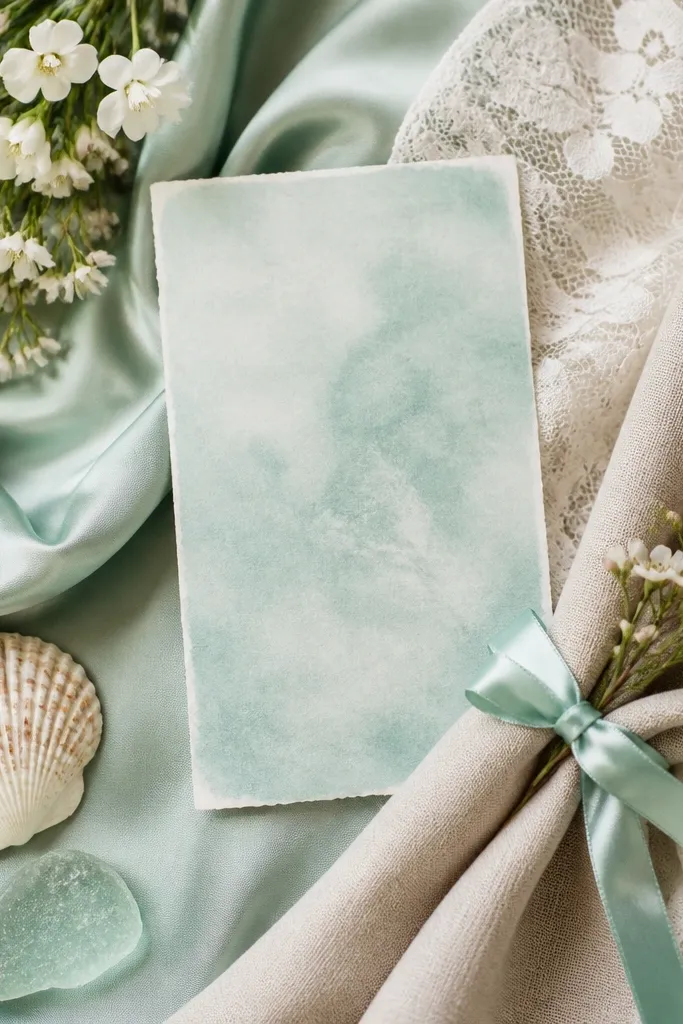 A coastal-inspired wedding color board with mint satin fabric, ivory lace, light tan linen napkins, a sea-glass colored menu card, and small white flowers with mint ribbon.
