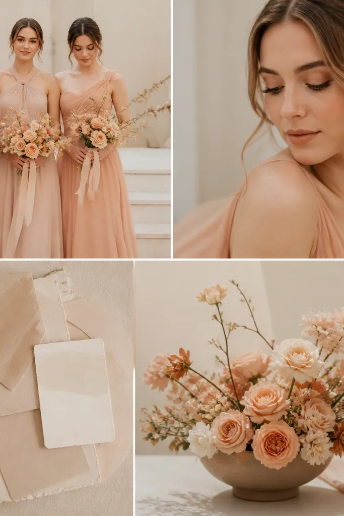 A warm-toned palette with peach chiffon bridesmaid dresses, nude rose blush makeup tones, gold sand-colored stationery, and peach roses arranged in a low ceramic bowl.