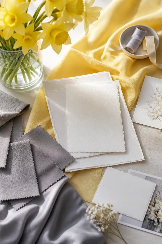 A modern spring board with butter yellow table linens, soft gray bridesmaid dress swatches, white invitation paper, and yellow daffodils in a clear vase.