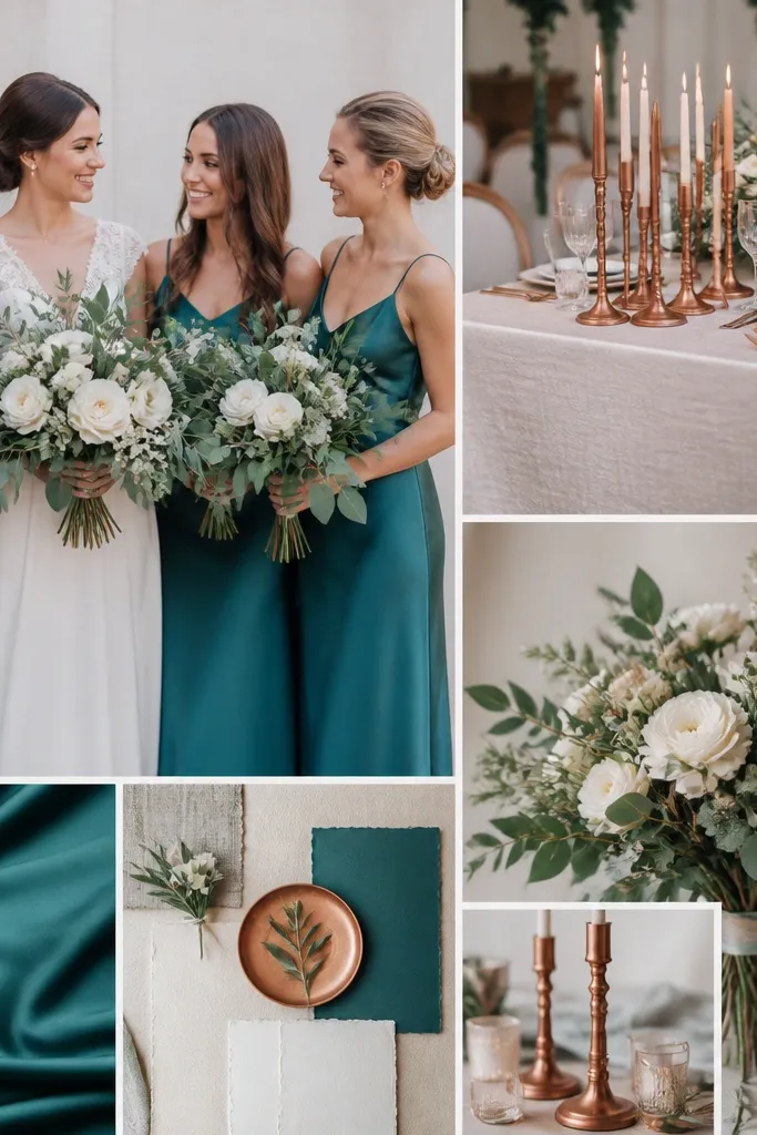 A statement wedding color board with teal satin bridesmaid dresses, cream textured tablecloth, copper candlesticks, and a bouquet of teal-green foliage with white blooms.