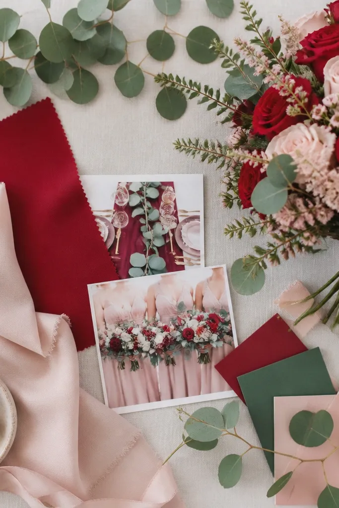 A botanical spring board featuring rose red table runners, blush bridesmaid fabric, leaf-green eucalyptus branches, and a bouquet with red roses and blush filler flowers.