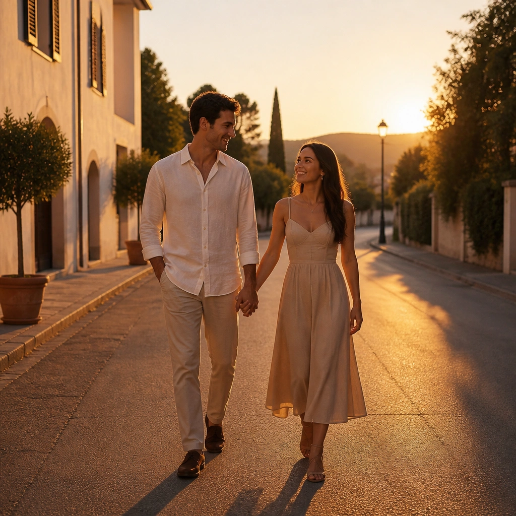 A couple walking hand-in-hand on a quiet street at sunset, both wearing neutral-toned outfits (cream shirt and beige trousers for him, light midi dress in sand tone for her). Long shadows stretch across the pavement, with warm golden light on their faces.