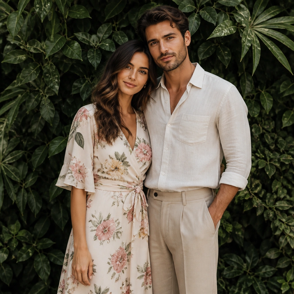 A couple standing in front of lush greenery, she in a soft floral wrap dress and he in a light linen shirt with tailored trousers. The background is filled with leafy textures, and the couple’s outfits pop without looking loud.