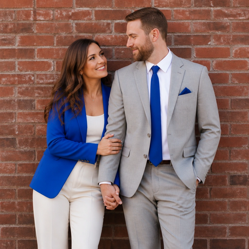 A couple posed near a clean brick wall, both in mostly neutral clothing, but she wears a bold cobalt blazer and he has a matching cobalt tie or pocket square. Their hands are gently linked, and the wall texture frames them.