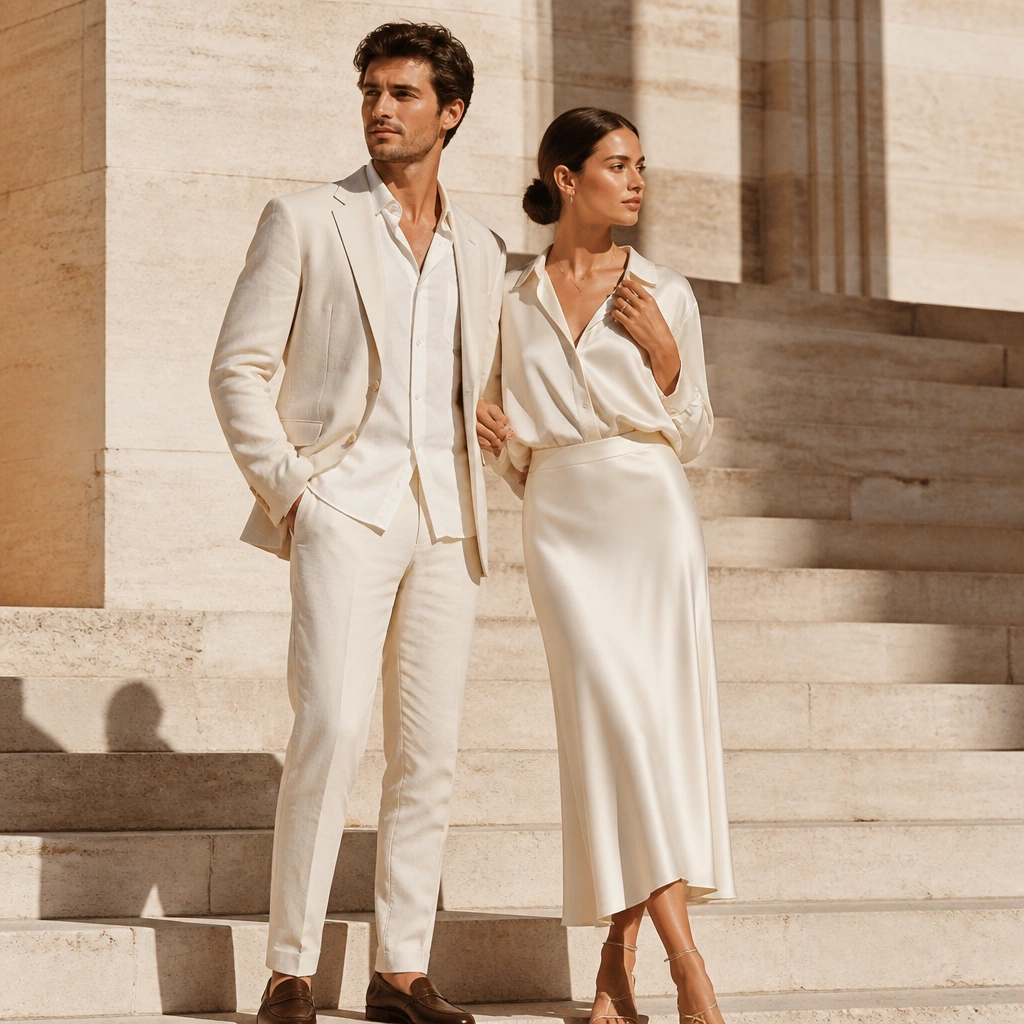 A couple dressed in white and off-white standing on sunny stone steps. He wears an off-white shirt with a cream blazer, she wears an off-white satin midi skirt with a simple blouse. Sunlight creates a clean, high-contrast editorial feel.
