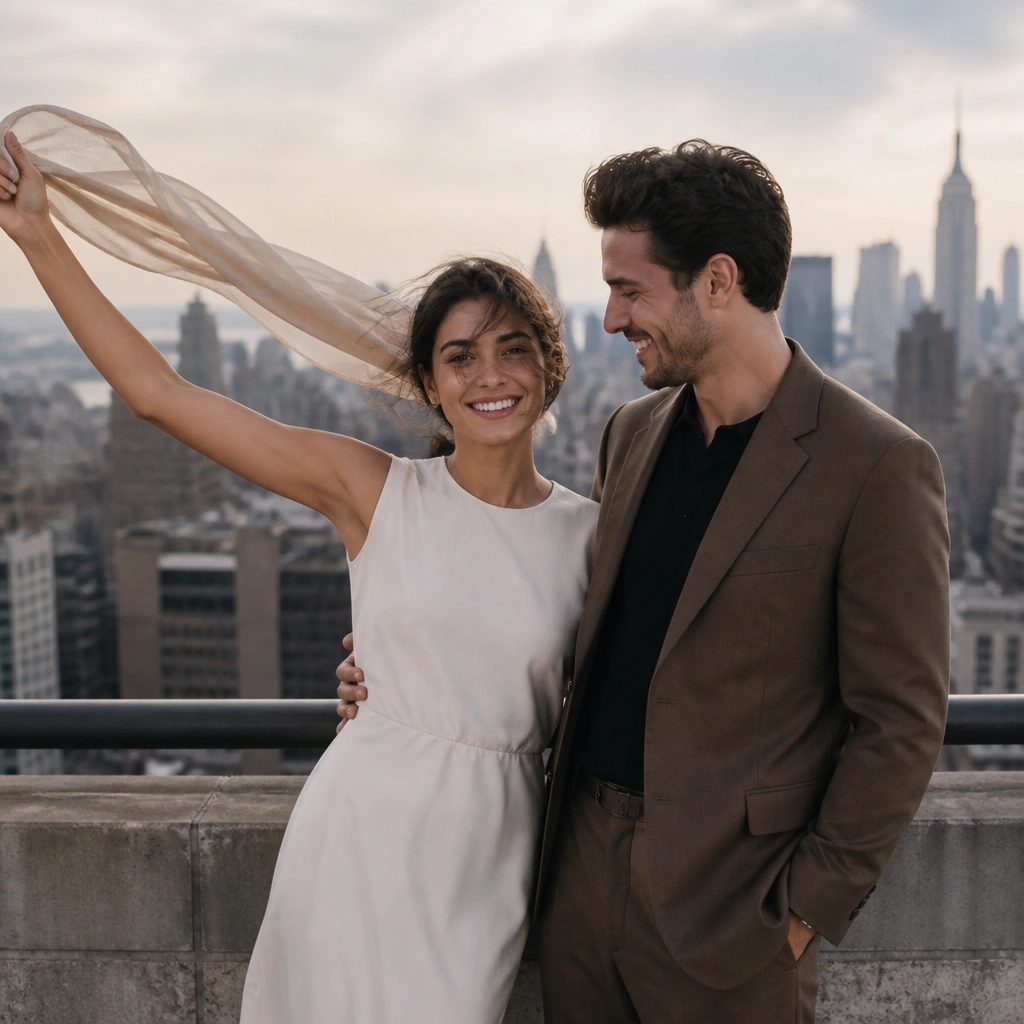 A couple on a rooftop with a city skyline behind them. She holds a light scarf that’s catching the wind, and her hair looks slightly tousled. He stands close with a structured jacket, both smiling naturally.