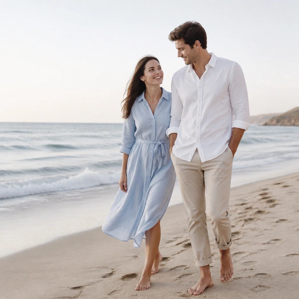 A couple walking barefoot near the shoreline, she wears a light linen shirt dress in pale blue and he wears a white button-up with rolled cuffs and beige chinos. Gentle waves are visible in the background, and the sand shows footprints.