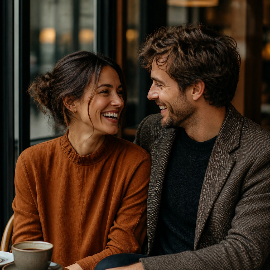 A couple sitting by a café window, warm interior lighting glowing behind them. She wears a rust or caramel-toned top and he wears a textured knit or blazer. Their faces are turned toward each other, mid-laugh.