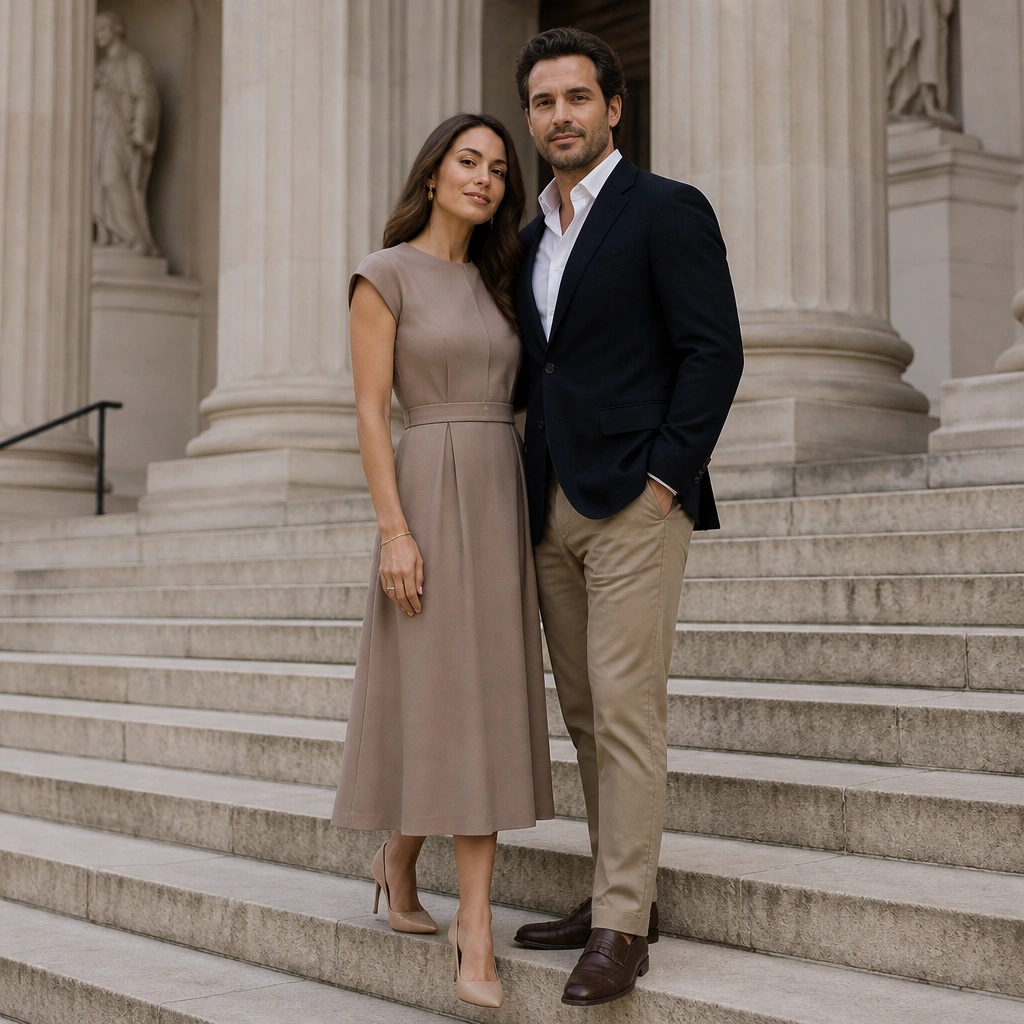 A couple posed on wide museum steps, she in a tailored midi dress and he in a dark blazer with chinos. They stand close, with hands gently resting at sides and one shoulder angled toward the camera. The building columns frame them.