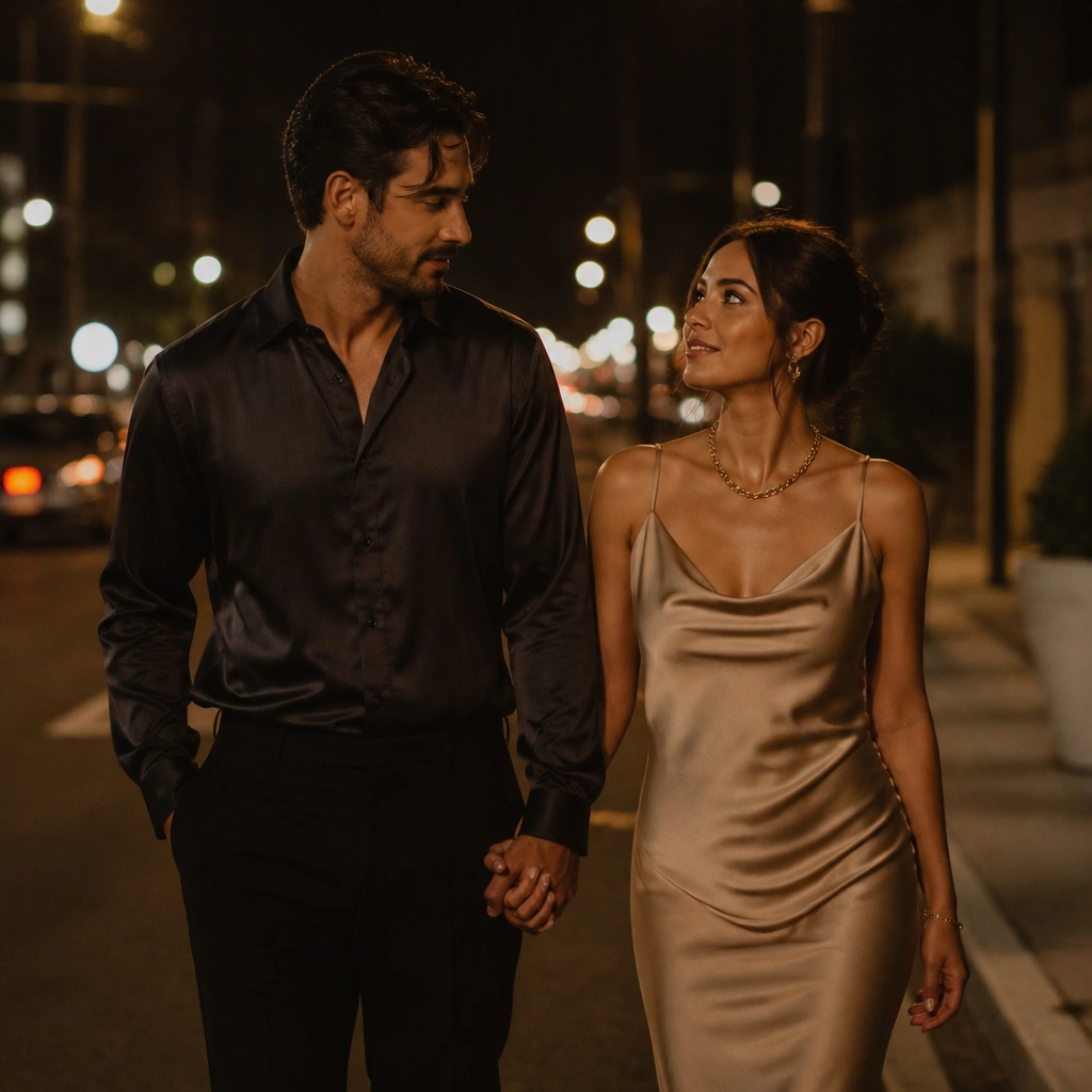 Night-time street photos with bokeh lights in the background. She wears a satin slip dress or satin blouse with warm-toned jewelry, and he wears a dark shirt with a subtle sheen. They stand under streetlights, holding hands.