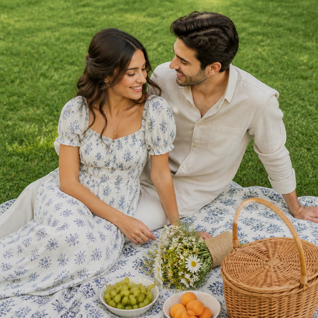 A couple seated on a picnic blanket on grass, she in a flowing dress and he in a casual button-up. A patterned blanket, a woven basket, and a couple of simple props (fresh fruit and a small bouquet) are visible.