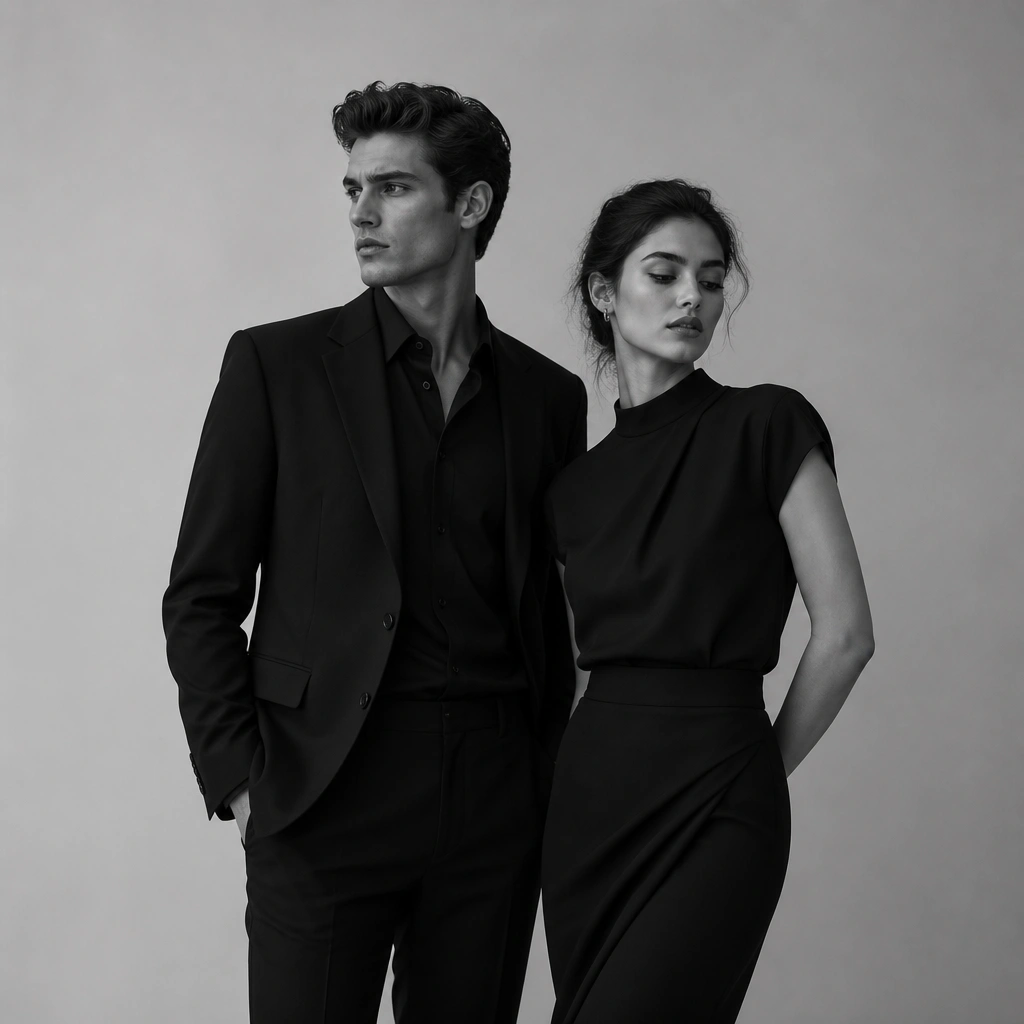 A monochrome portrait where both wear black or deep charcoal tones. He has a well-fitted jacket and dark trousers, she has a structured top with a sleek skirt. They stand against a plain background, with crisp seams and clean lines.